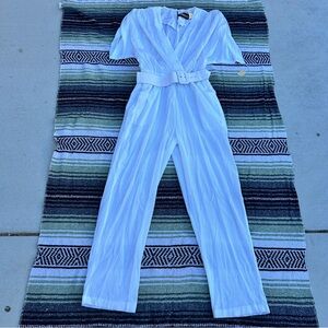 NWT deadstock vintage 80s jumpsuit white flowy wide leg belted v neck